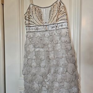 Sue Wong White and Silver Scalloped Prom Dress